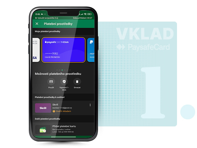 Vkladová sekce s metodou PaysafeCard