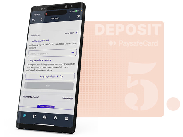 Enter PaysafeCard 16-digit code or pay with an online card