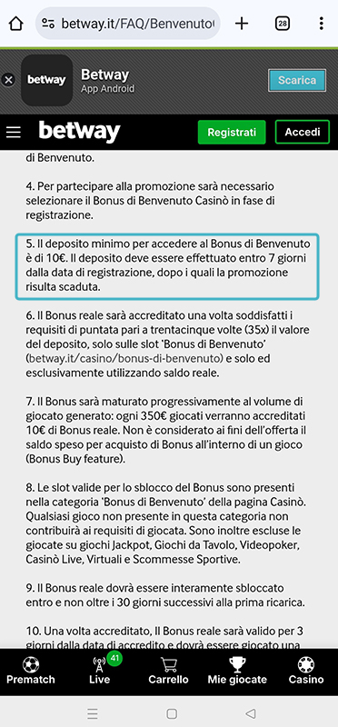 I requisiti di deposito del bonus del casinò online Betway