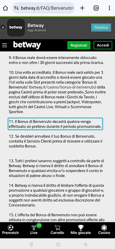 Normativa sui prelievi nel regolamento del bonus del casinò online Betway