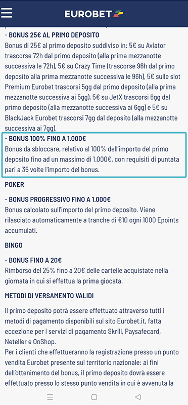 I requisiti di puntata nel regolamento del bonus del casinò online Eurobet