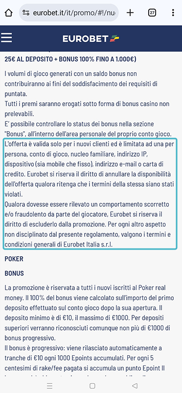 Restrizioni specifiche del bonus benvenuto del casinò online Eurobet