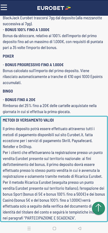 Le restrizioni sui metodi di pagamento del bonus del casinò online Eurobet