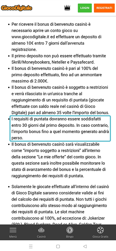 La validità del bonus del casinò online Gioco Digitale