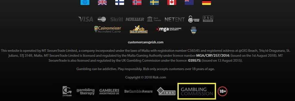 Das Lizenzsiegel der britischen Glücksspielkommission in der Fußzeile der Casino-Website