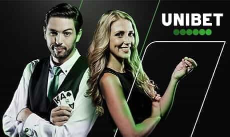 Unibet logo and two well dressed dealers