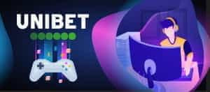 Das Unibet-Logo und ein Zeichentrick-Videospieler.