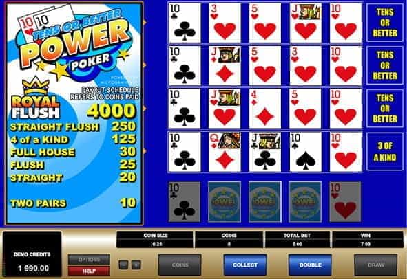A winning hand in Tens or Better Power video poker