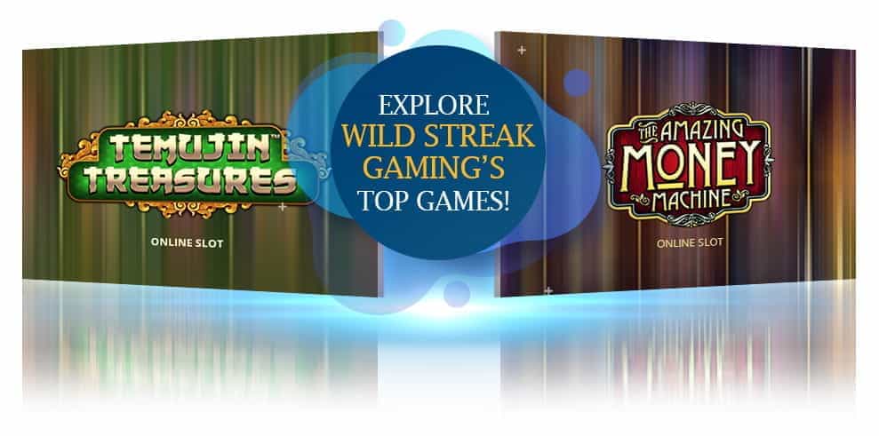 Logos for the Temujin Treasures and Amazing Money Machine games by Wild Streak Gaming.