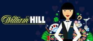 Das William Hill-Logo und ein Cartoon-Casinohändler.