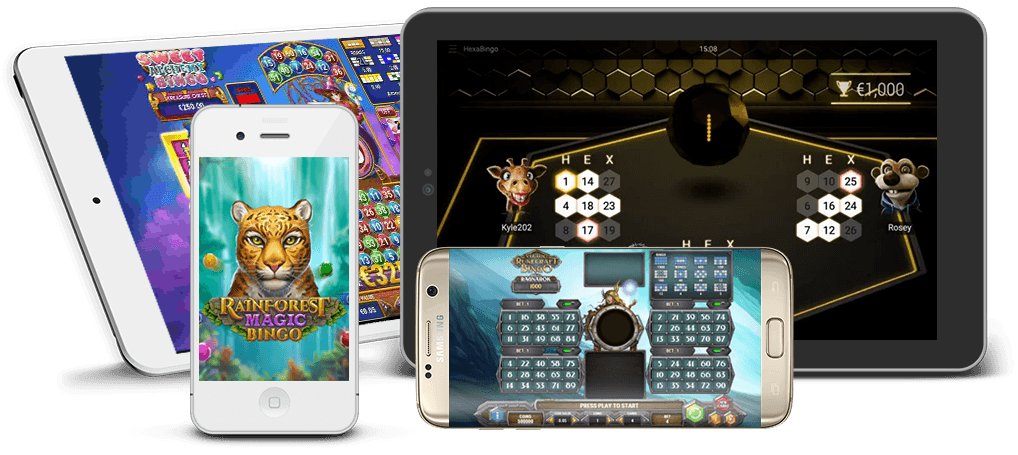 Mai multe dispozitive mobile, inclusiv smartphone-uri și tablete care prezintă jocuri de bingo.
