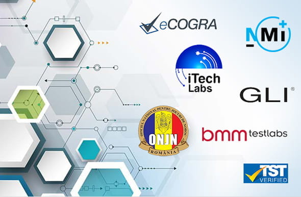  eCOGRA, NMi, iTechLabs, bmmtestlabs, GLI și TST logo-uri.