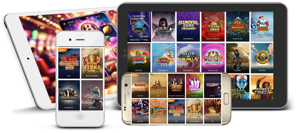 Un dispozitiv smartphone și tabletă care prezintă o selecție de jocuri slot