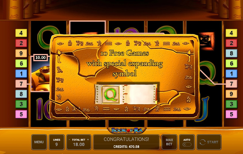 Screenshot cu activarea rundelor gratuite ale slotului Book of Ra