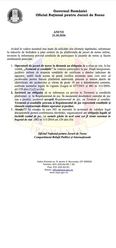 Textul deciziei care interzicea mai multe conturi pentru un singur jucător, la același operator.