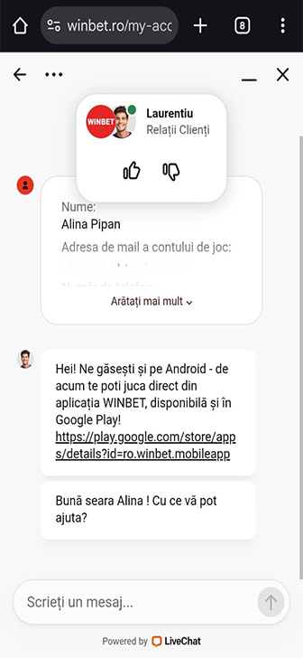 Asistență clienți la Winbet