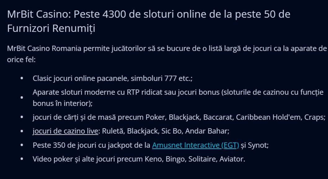 Informații despre selecția de jocuri Mr Bit Casino