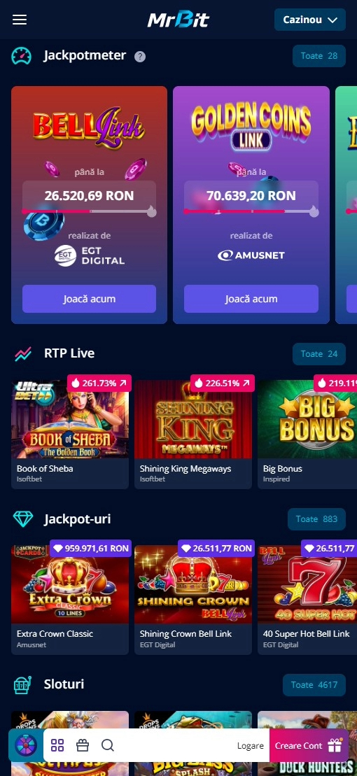 Selecția de jocuri de cazinou de la Mr Bit cu categorii de Jackpotmeter, RTP live, jackpot-uri și sloturi