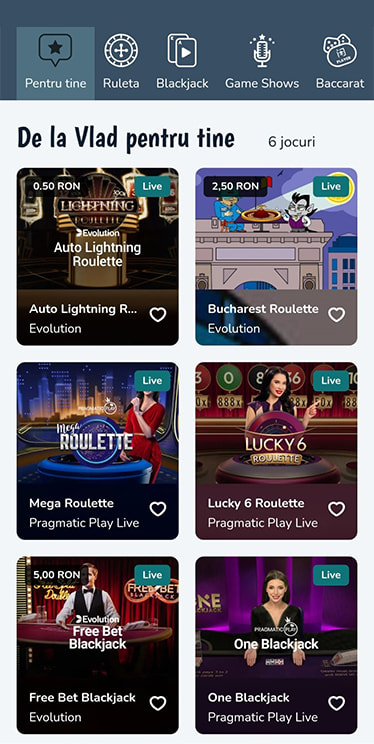 Oferta de jocuri live Vlad Cazino