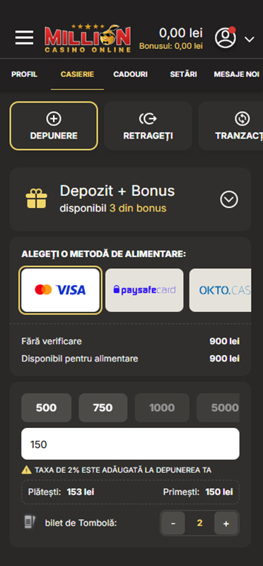 Meniul cu metodele de plată și limitele la depunere de la Million Casino