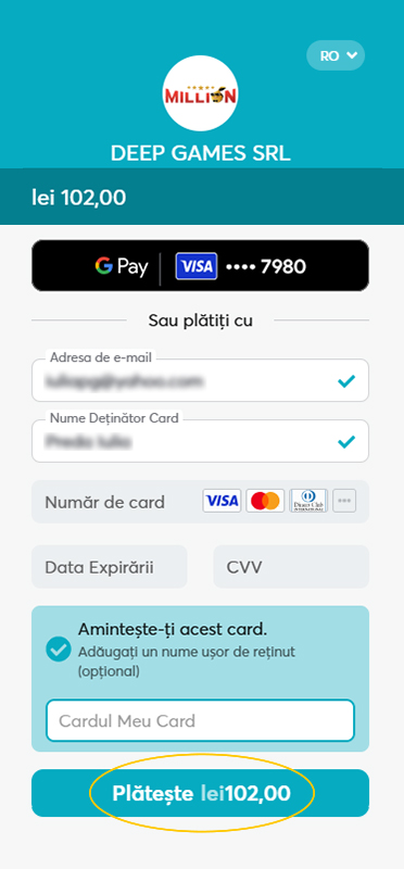 Confirmarea depozitului de bani la Million Casino