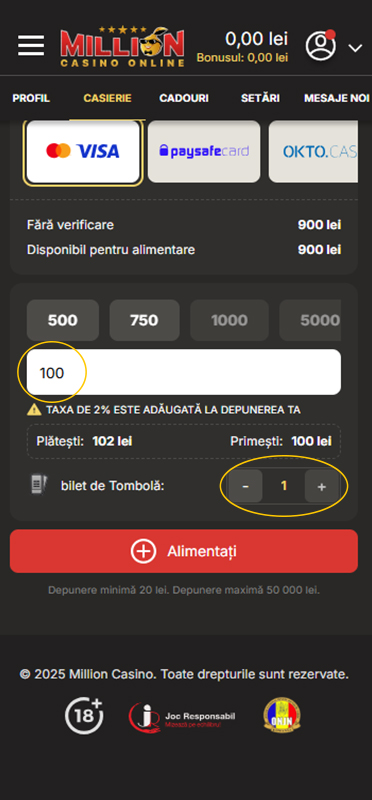 Introducerea sumei pentru depunere la Million Casino