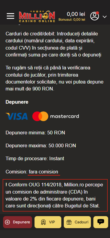 Termenii și condițiile la depunere la Million Casino