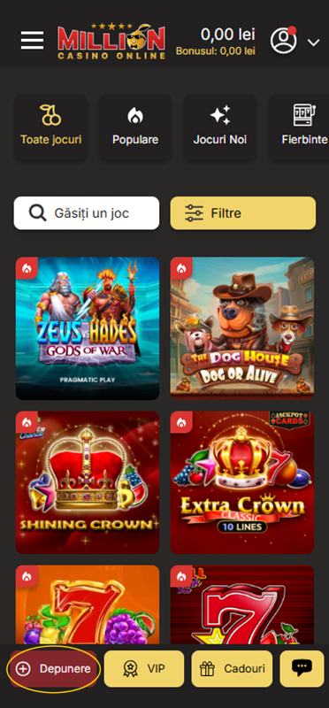 Pagina de casierie la Million Casino