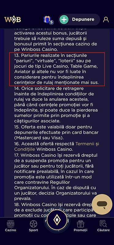 Condiționarea jocurilor pentru rulajul bonusului la WinBoss Casino