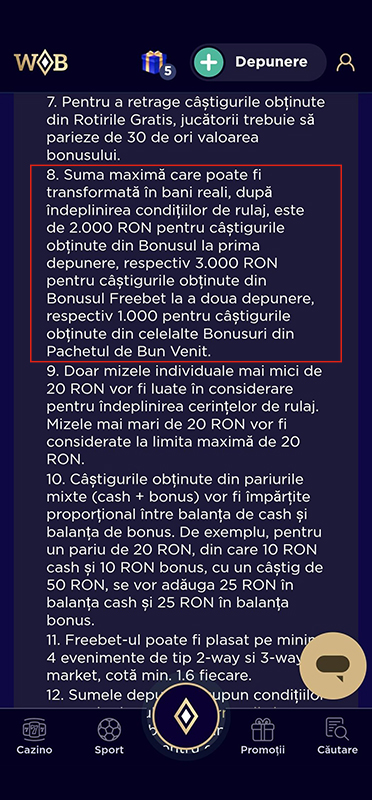 Politica privind balanșa și retragerile la WinBoss Casino