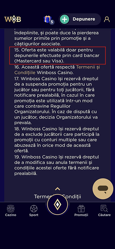 Restricții referitoare la plăți la WinBoss Casino