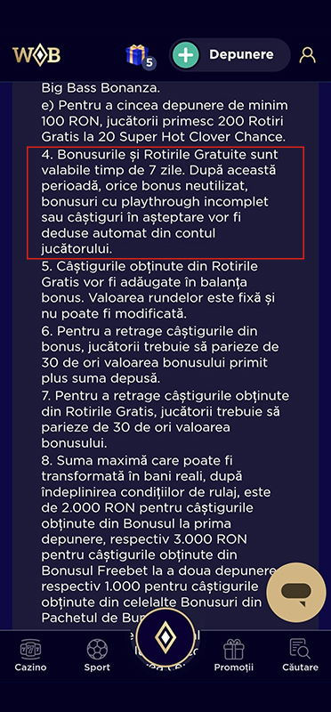 Valabilitatea bonusului la WinBoss Casino