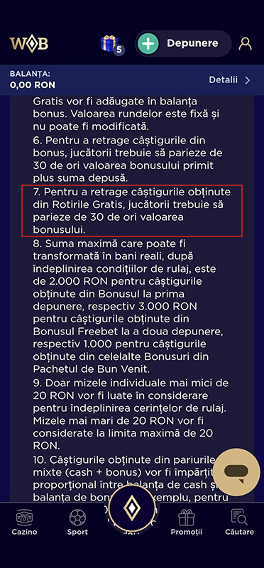 Condiții de rulaj pentru bonusul de bun venit la WinBoss Casino