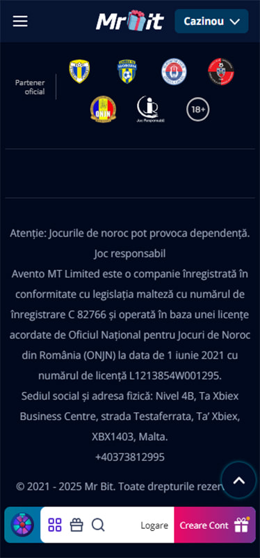 Informațiile despre licență din subsolul site-ului web Mr Bit