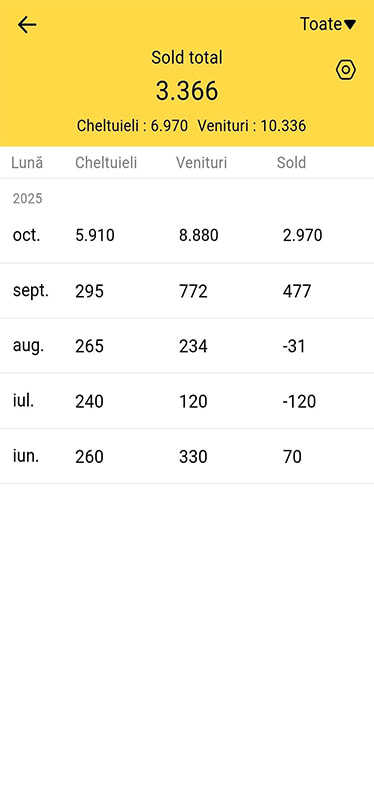 Evidența cheltuielilor și a câștigurilor la cazinou, pe parcursul câtorva luni, folosind aplicația Manager Bani