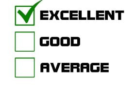 Grafică ce ilustrează o listă de verificare cu trei opțiuni: „EXCELLENT” (bifat), „GOOD” și „AVERAGE”