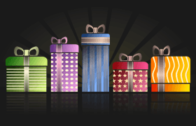 5 cadouri în culori diferite pe un fon închis la culoare