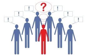 6 persoane cu semnul exclamării și semnul întrebării reprezentate grafic