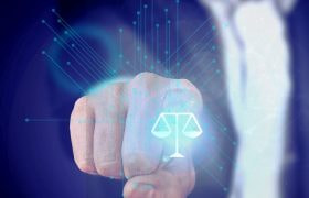 Persoană în costum apasă digital pe un simbol al justiției, reprezentat prin balanța legii