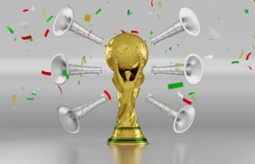 Trofeu de aur înconjurat de vuvuzele, simbolizând celebrarea unei victorii importante.