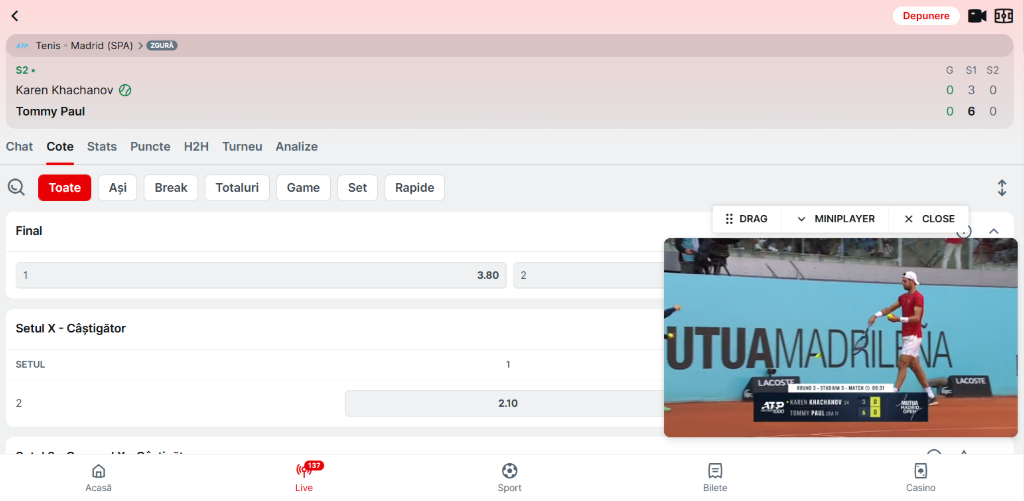Meci de tenis live pe Superbet