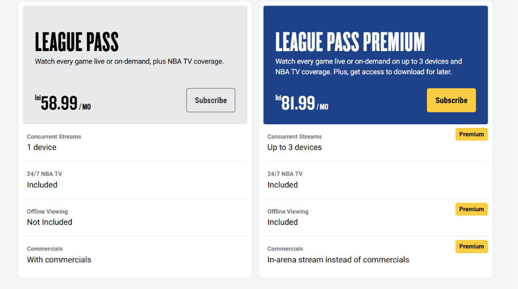 Abonamentele disponibile pe platforma NBA TV
