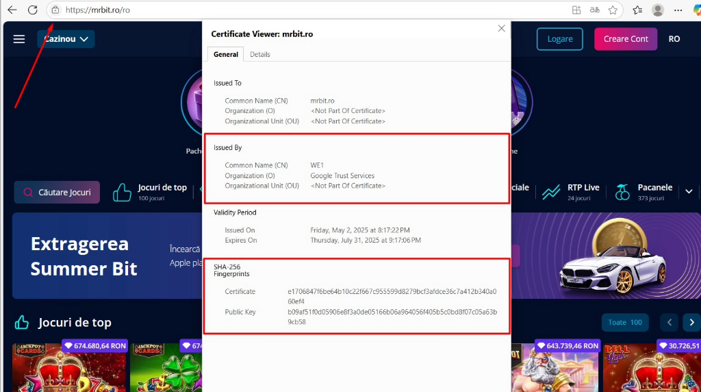 Detalii despre certificatul de securitate al site-ului mrbit.ro
