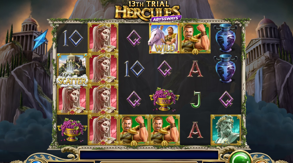 Screenshot cu simbol Wild și Scatter de la slotul 13th Trial Hercules Abyssways