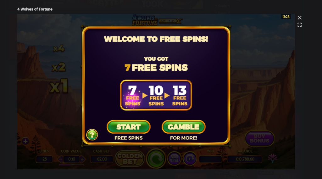 Screenshot de la funcția Bonus Buy a slotului 4 Wolves of Fortune