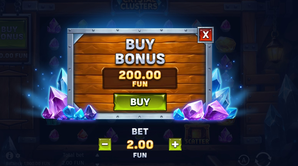 Screenshot cu funcția Bonus Buy a slotului Crystal Clusters