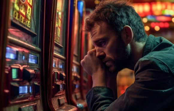 Un om care joacă la un aparat slot