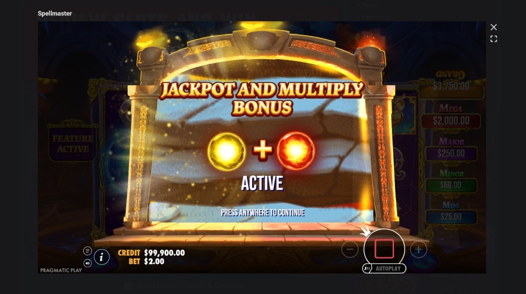 Screenshot cu activarea funcției bonus a slotului Spellmaster