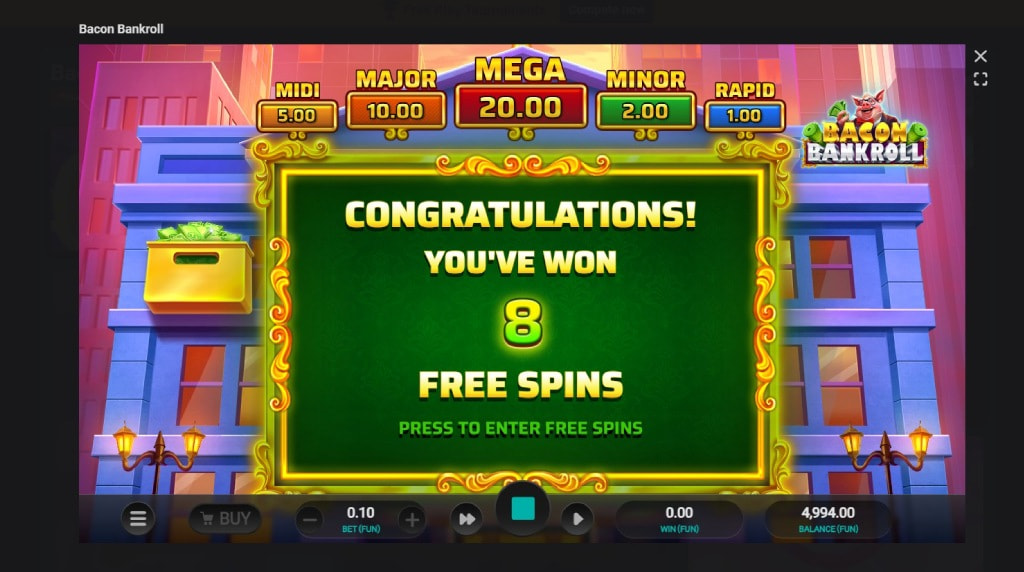 Screenshot cu funcția Bonus Buy a slotului Bacon Bankroll
