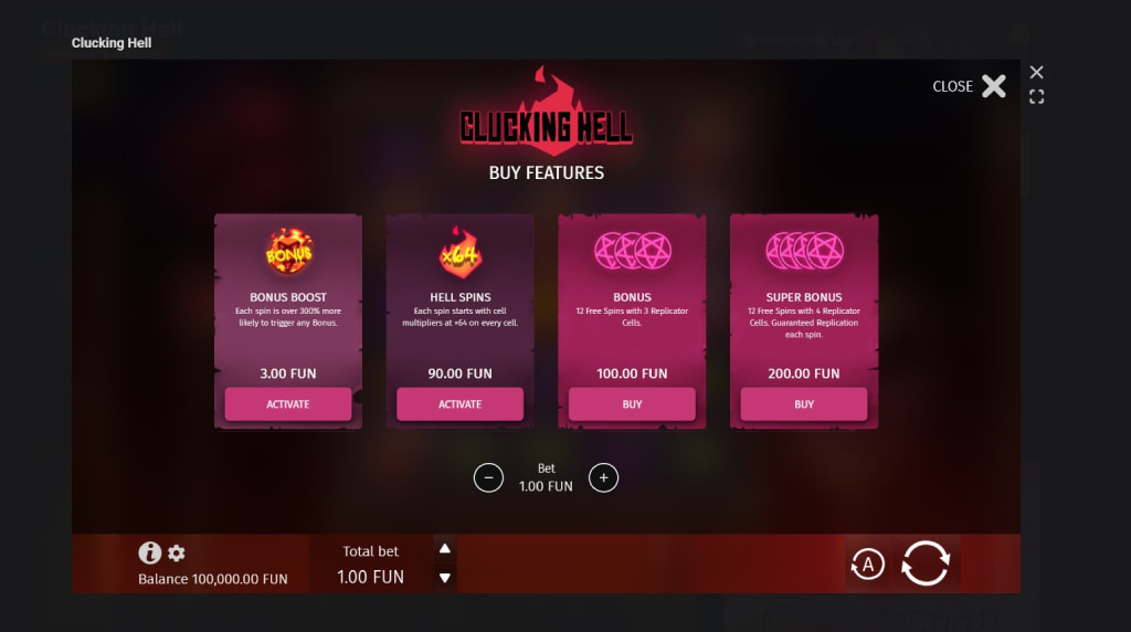 Screenshot cu funcția Bonus Buy a slotului Clicking Hell
